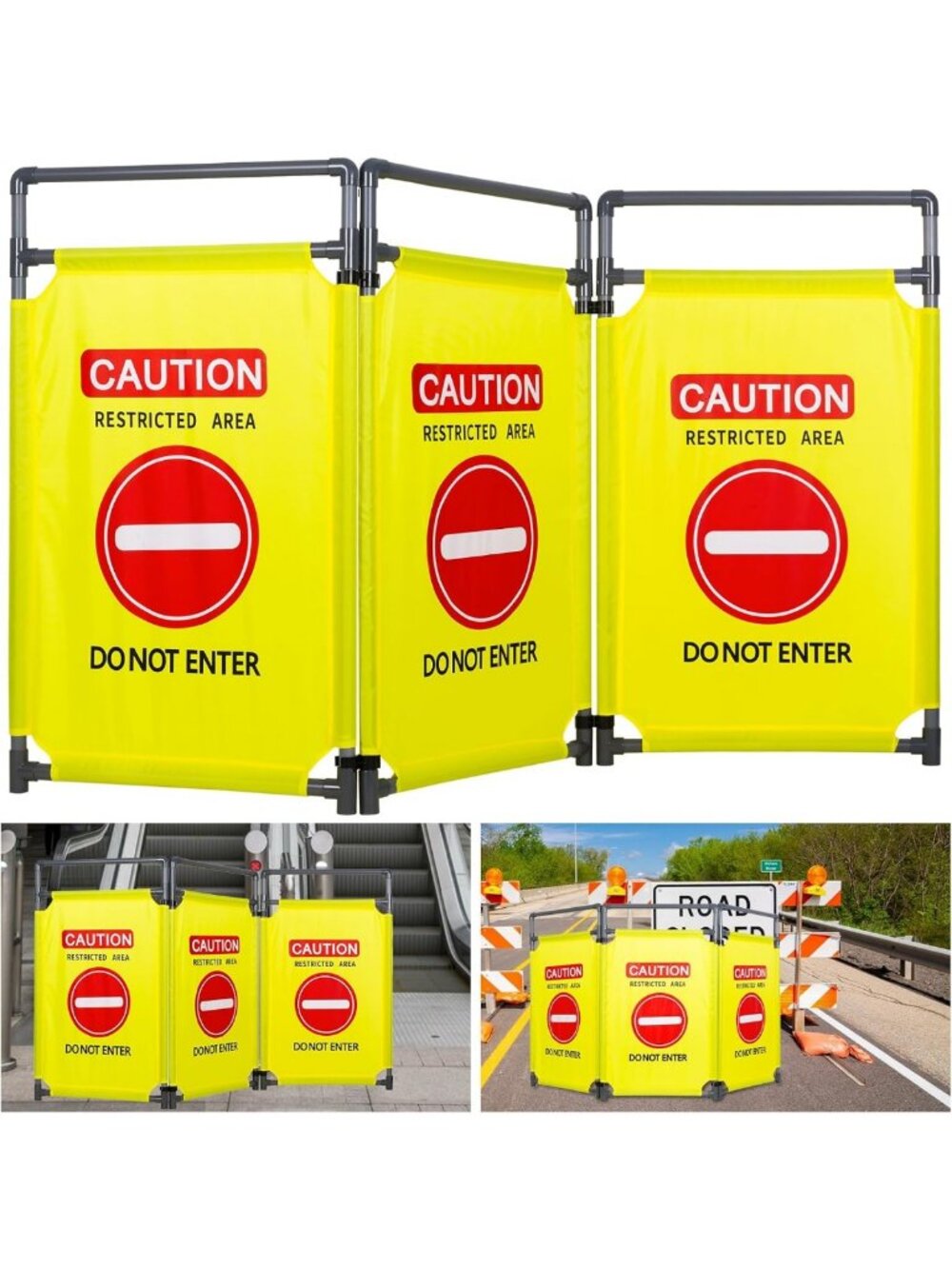Heavy Duty 3-Panel Safety Barricade, Foldable PVC Frame, 5.8FT Security Barrier